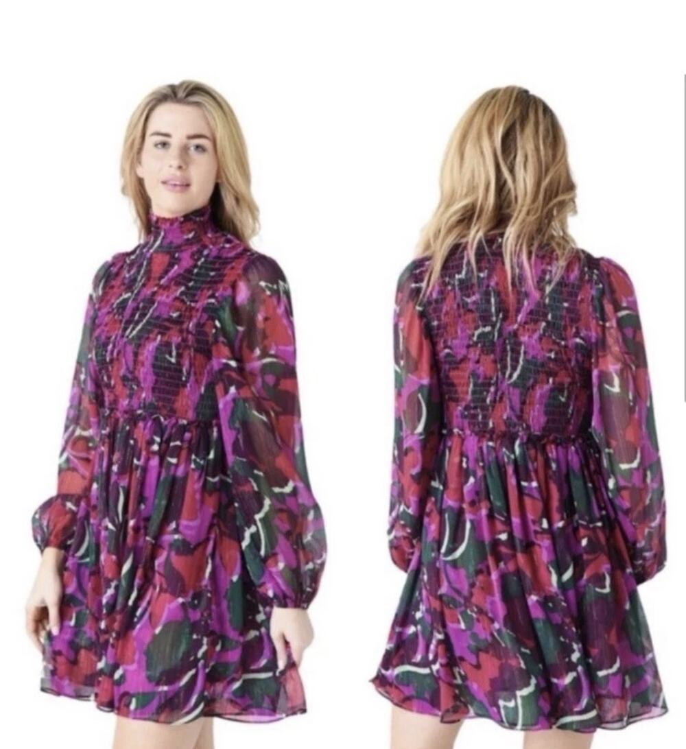 NWT $390 MISA Los Angeles Jessa Dress Holiday Sparkle Smocked Mini Mock Neck XS
